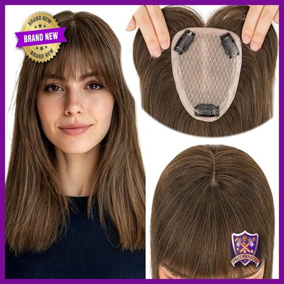Human Hair Topper with Bangs 16 Inch Silk Base Clip-In for Thinning Hair main image 6